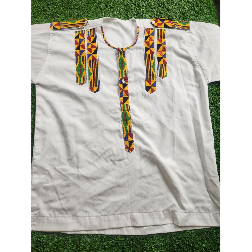 Handmade Shirt Mens L White Short Sleeve Button Up African Kente Trim Casual